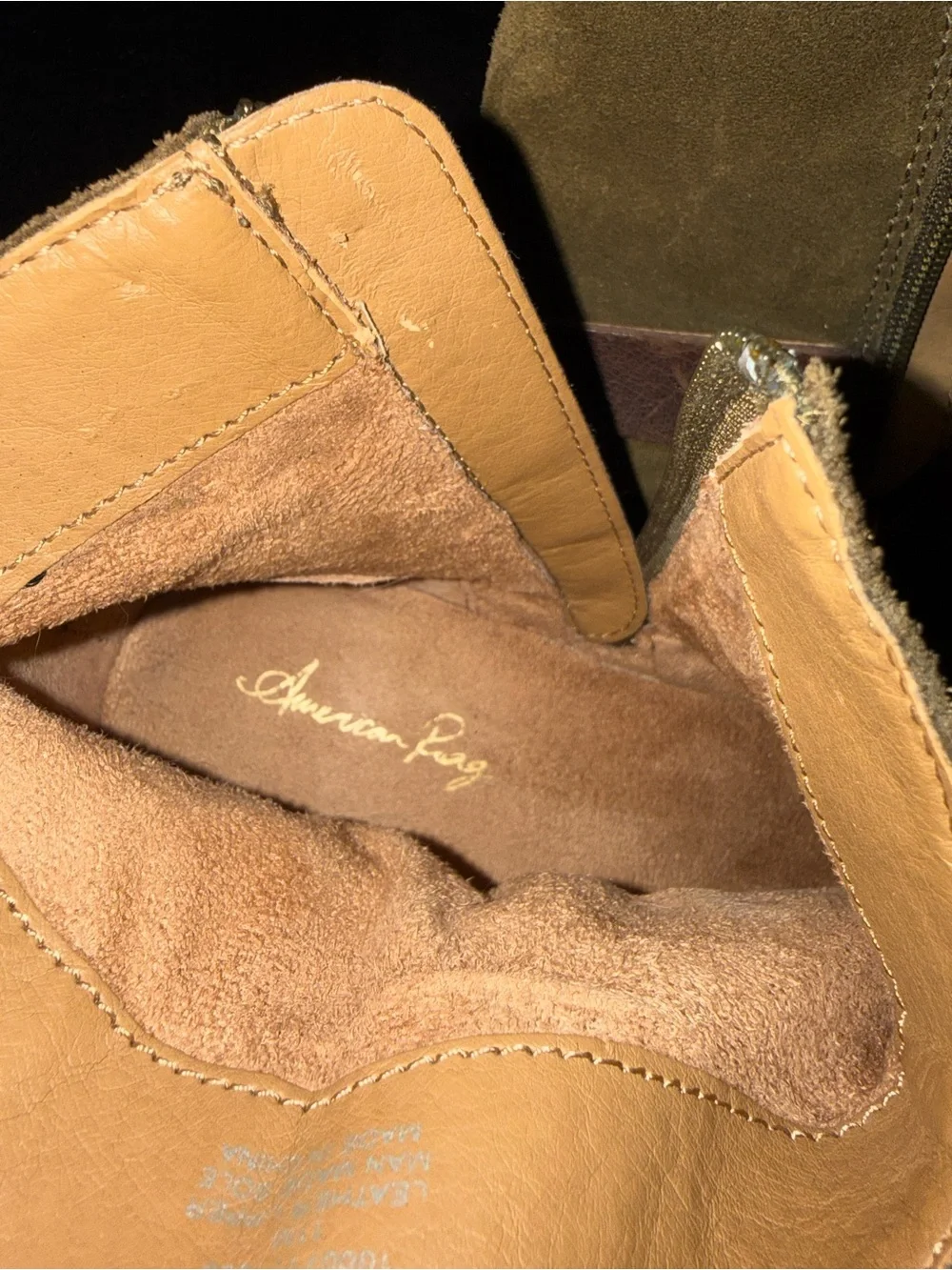 American Rag Brianna Olive Suede Ankle Boots with Brown Strap